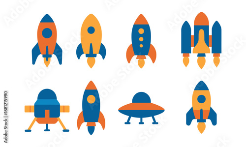 Retro rocket and spacecraft icons in flat design style