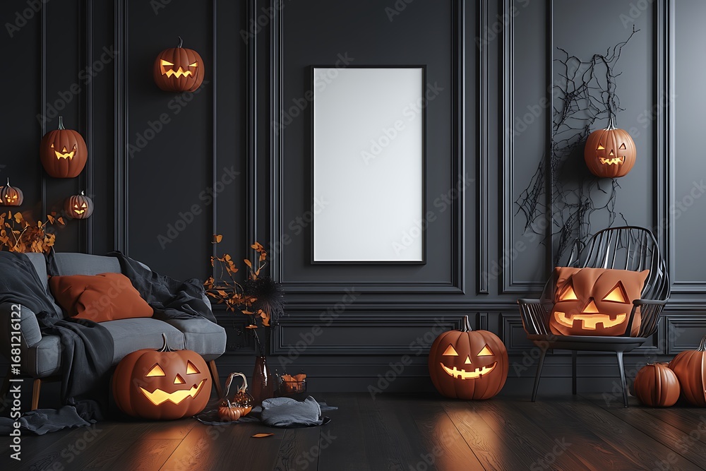 Obraz premium Spooky Halloween scene with glowing jack-o'-lanterns and cozy seating in a dark, elegant room