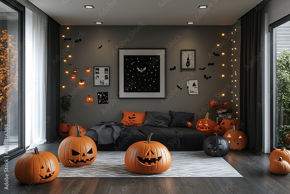 Obraz premium Spooky Halloween bedroom decor with glowing jack-o'-lanterns and festive string lights creates a magical atmosphere