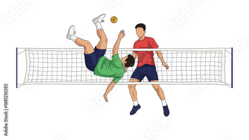  Dynamic Sepak Takraw: A stylized illustration captures the dynamic action of a Sepak Takraw match, with a player executing a skillful kick to send the ball over the net while another awaits.