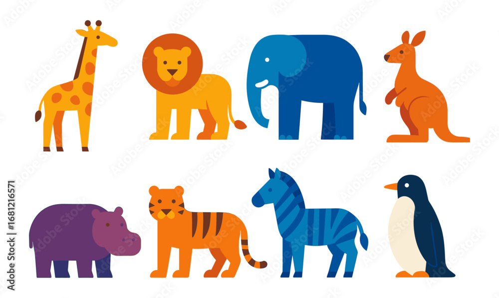Obraz premium Colorful flat jungle and savanna animals for kids' education and decoration