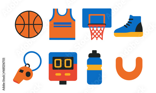Colorful flat design basketball icons set with sports equipment