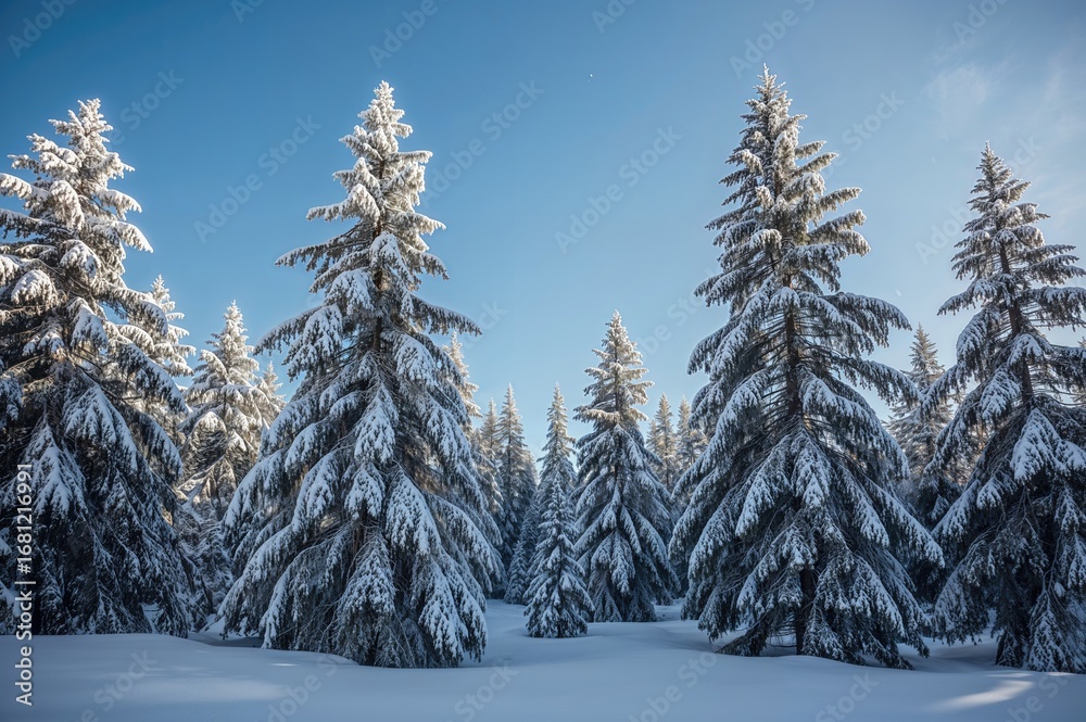 Naklejka premium Snow-laden trees in a serene winter woodland scene