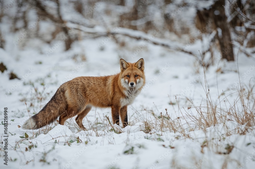 Fototapeta premium Red Fox prowling on a snowy meadow in a wintry forest setting.