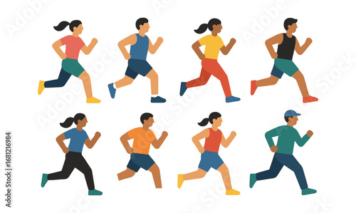 Flat style diverse runners group fitness exercise set