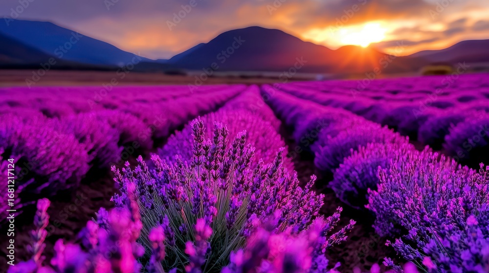 Naklejka premium A beautiful lavender garden in full bloom, showcasing vibrant purple flowers against a clear sky, creating a serene summer landscape.