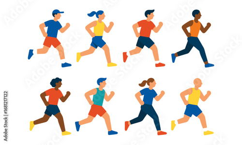 Diverse group of people jogging in colorful flat style illustration set