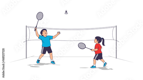 Shuttlecock Action: Illustrative badminton scene, featuring two children engaging in a lively rally, focusing on their sport skills and competition spirit.