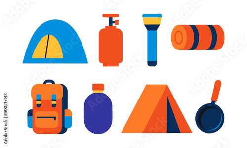 Flat design camping gear set: tent, backpack, flashlight and more
