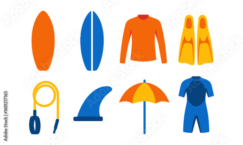 Colorful summer beach gear set with surfboards, swimwear, and accessories