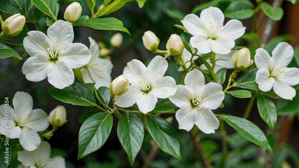 Fototapeta premium White crape jasmine plant in a lush garden setting