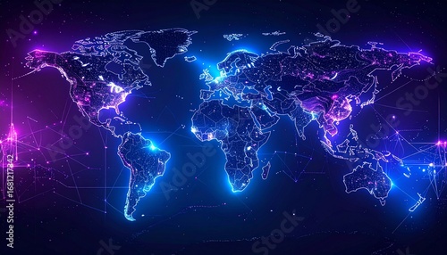 Futuristic visualization of a global network with glowing data streams connecting a digital world map