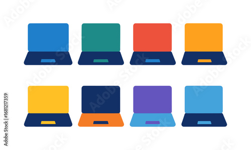 Colorful laptop silhouette set with diverse bright hues on white background