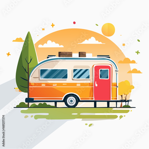 Retro Camper Illustration On Autumn Sunset
