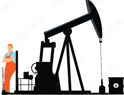 Oil Worker with Pump Jack in Oil Industry