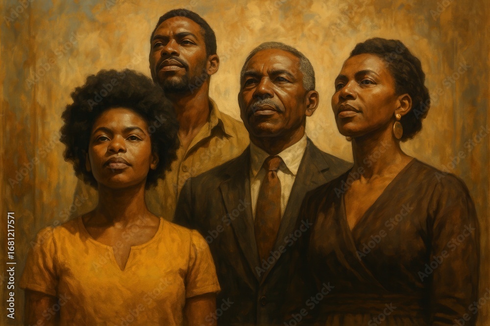 Naklejka premium Powerful Black History Month tribute featuring proud African American community leaders demonstrating strength and cultural heritage