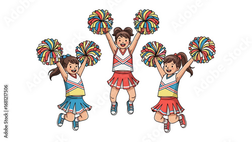 Dynamic Cheer Squad: Three vibrant cheerleaders with pom-poms perform a high-energy cheer in a brightly lit setting, perfect for adding a lively touch to your projects.