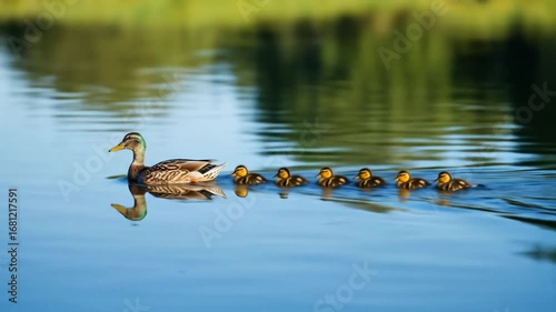Mother duck swimming with ducklings in calm pond during daytime with lush greenery