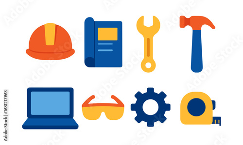 Colorful construction tools and safety equipment icons for digital projects