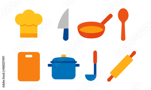 Colorful kitchenware icons: chef hat, utensils, cookware in simple flat style