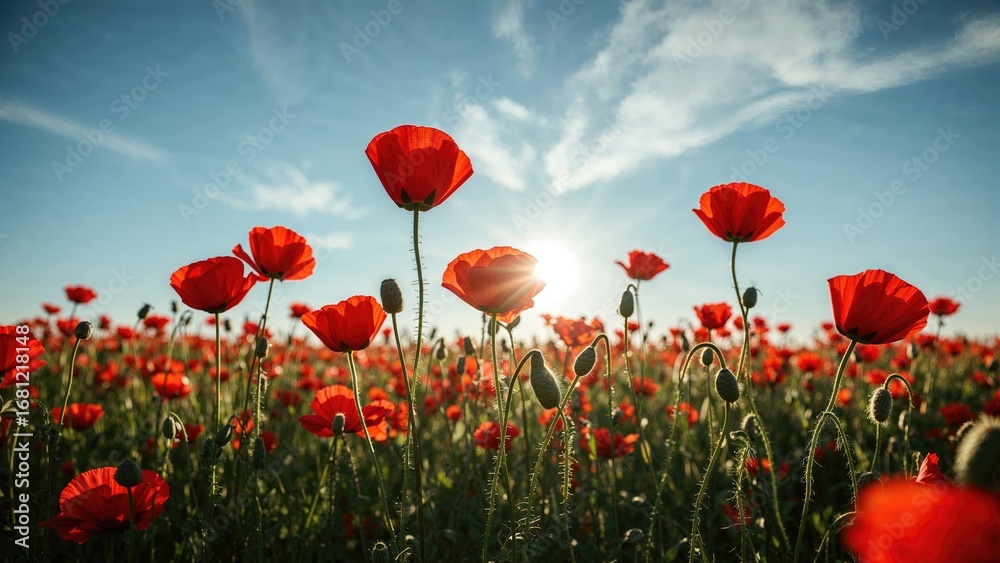 Fototapeta premium Luminous red poppy flowers basking in sunâ€™s warm rays