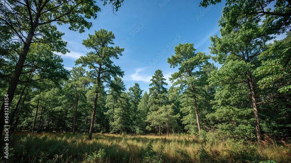 Fototapeta premium Expansive Forest Region with Thick Plant Life Under a Sunny Blue Sky