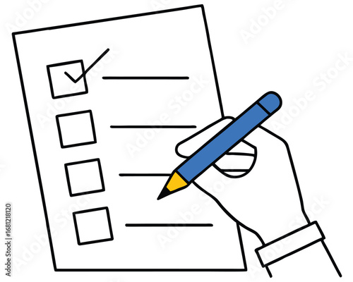 Hand holding a blue pen and marking a checklist with a checkmark