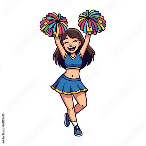 Enthusiastic Cheerleader: A cartoon cheerleader exuding pure joy and energy, holding colorful pom-poms high, representing school spirit and team support.