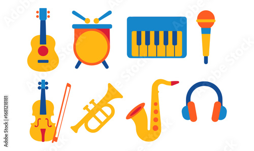 Colorful flat music instruments set with guitar, drums, and saxophone