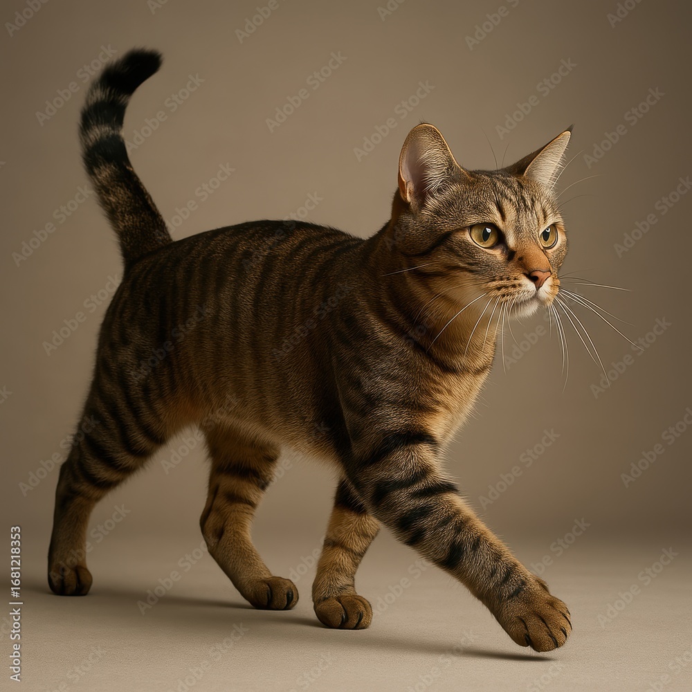 Naklejka premium Playful Cat in Mid-Stride Captured from Side Profile Against Clean White Studio Background