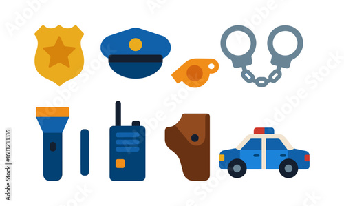 Police equipment icons set featuring badge, handcuffs, and patrol car in flat design
