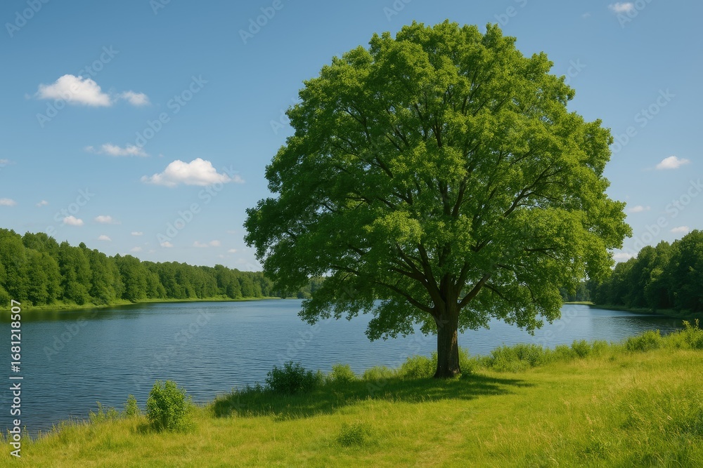 Obraz premium Waterfront scene featuring a solitary tree