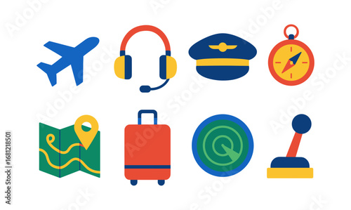 Colorful flat travel and aviation icons collection