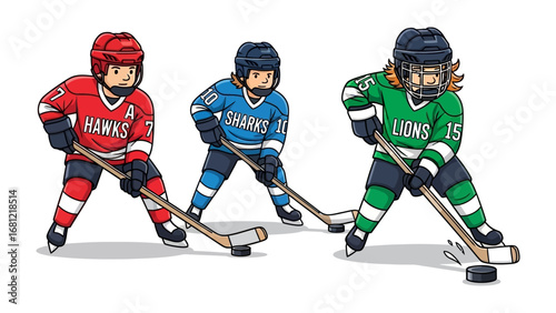 Hockey Players in Action: Three determined hockey players, each adorned in vibrant jerseys and protective gear, engage in a thrilling display of sportsmanship.