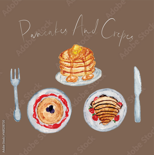 pancakes and crepes watercolor illustration