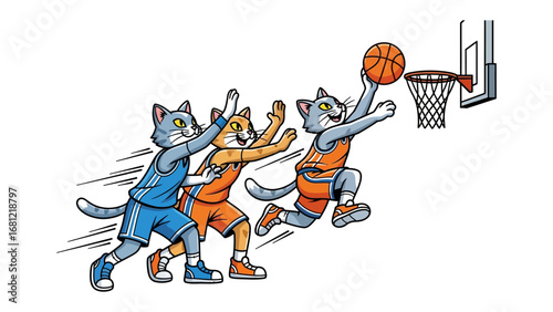 Cat's Basketball Showdown: Cartoon cats engage in a dynamic basketball game, showcasing athletic prowess and teamwork, with a ball heading for the hoop in this vibrant illustration.