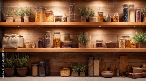 Wallpaper Mural Kitchen pantry shelves filled with jars of dry food ingredients and herbs. Rustic aesthetic for home and food concept. Torontodigital.ca