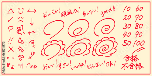 花丸、点数などの採点用手書き赤ペン素材