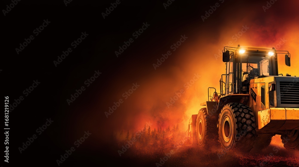Obraz premium A powerful yellow bulldozer working against a fiery backdrop, showcasing strength in a dramatic landscape