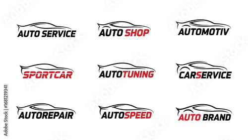 Automotive Logos Collection: A collection of sleek, modern car silhouettes each accompanied by a word illustrating an automotive-related service or concept.