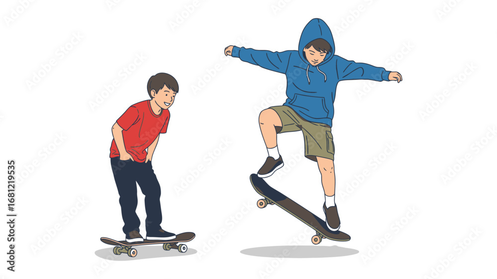 Fototapeta premium Skateboarding Duo: An illustration of two boys enjoying the excitement of skateboarding, performing dynamic stunts and embodying the spirit of adventure and fun.