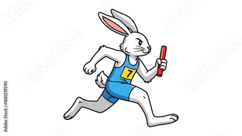 Rabbit Relay Racer: This vibrant illustration captures a determined rabbit in athletic attire, gripping a baton and sprinting forward in a relay race. The image evokes energy and movement
