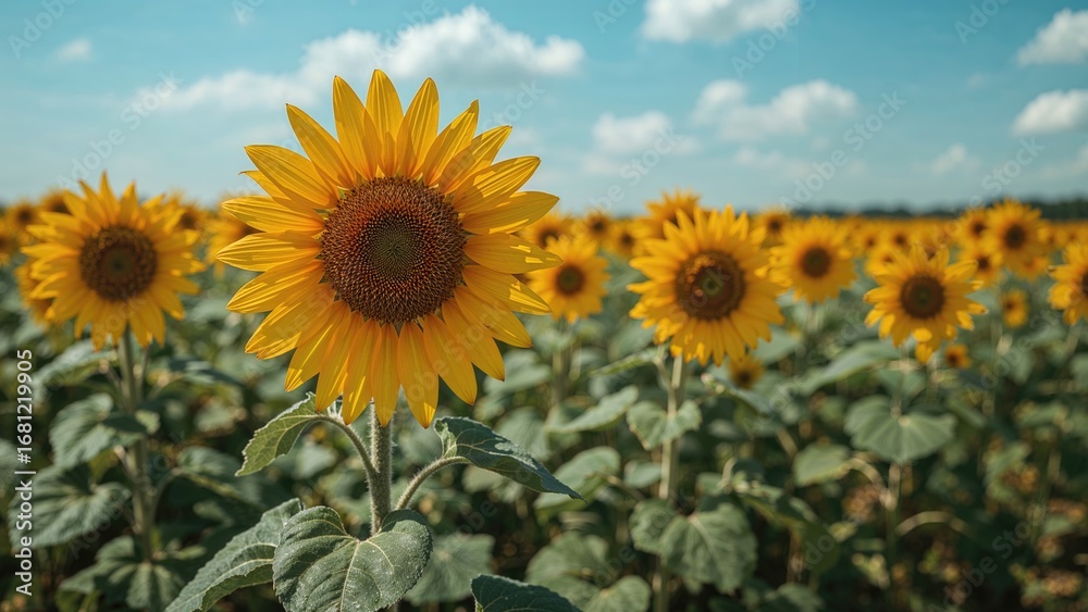 Fototapeta premium A single sunflower towers prominently over a field filled with sunflowers