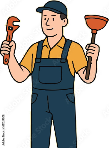 Plumber Holding Wrench and Plunger Tools