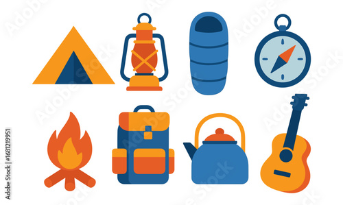 Colorful outdoor camping icons: gear and equipment for adventurers