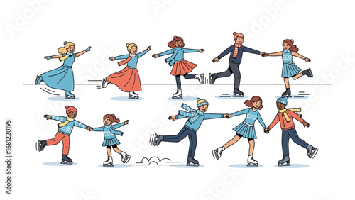 Joyful Winter Ice Skating: A collection of people are gracefully skating across an ice rink, capturing a sense of joyous fun and shared experience on a crisp winter's day.