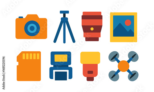 Flat style camera equipment icons set with tripod, lens, and drone