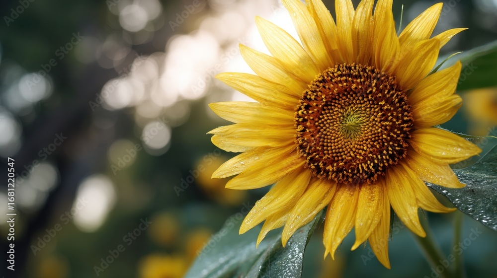 Naklejka premium Beautiful bright sunflower with dew drops. Nature background with yellow blossom. Symbol of summer, harvest, energy.