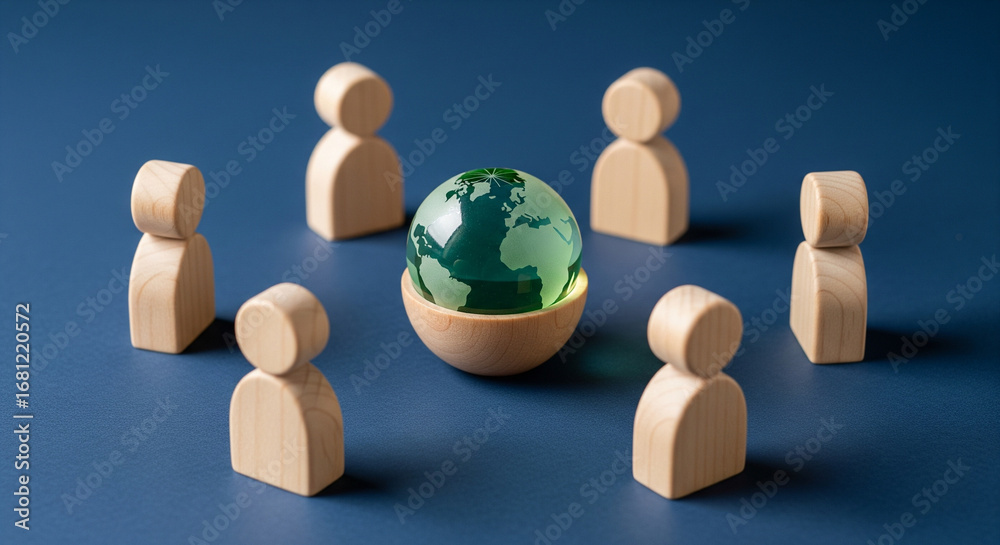Obraz premium Wooden figures circle a green globe, symbolizing global unity and sustainable focus.