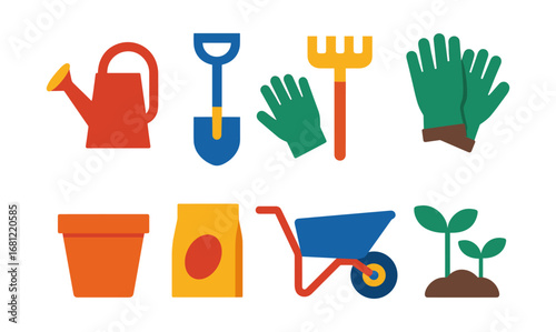 Colorful gardening tools and accessories collection for home garden enthusiasts